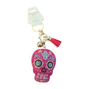Vibrant Pink Skull Keychain with Tassel